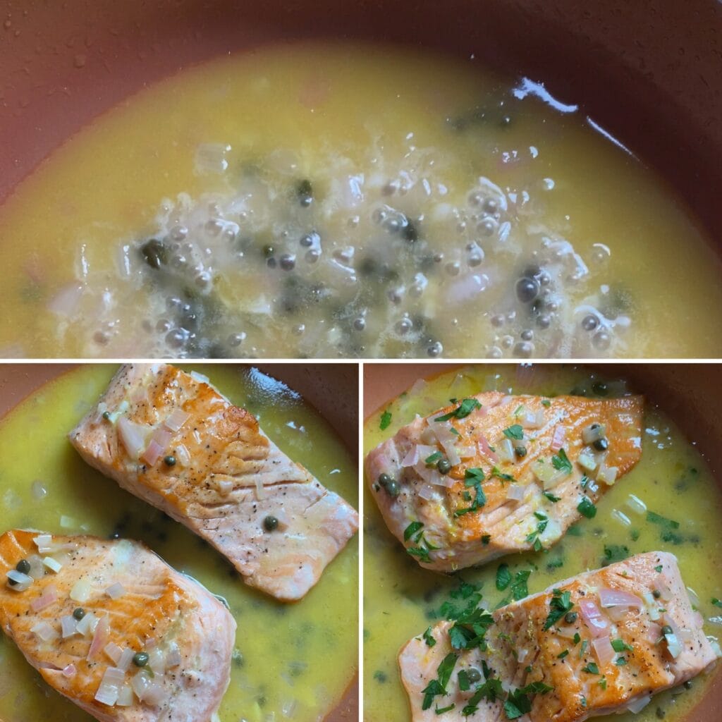 Instructions for cooking salmon in a pan with sauce for Salmon Piccata.