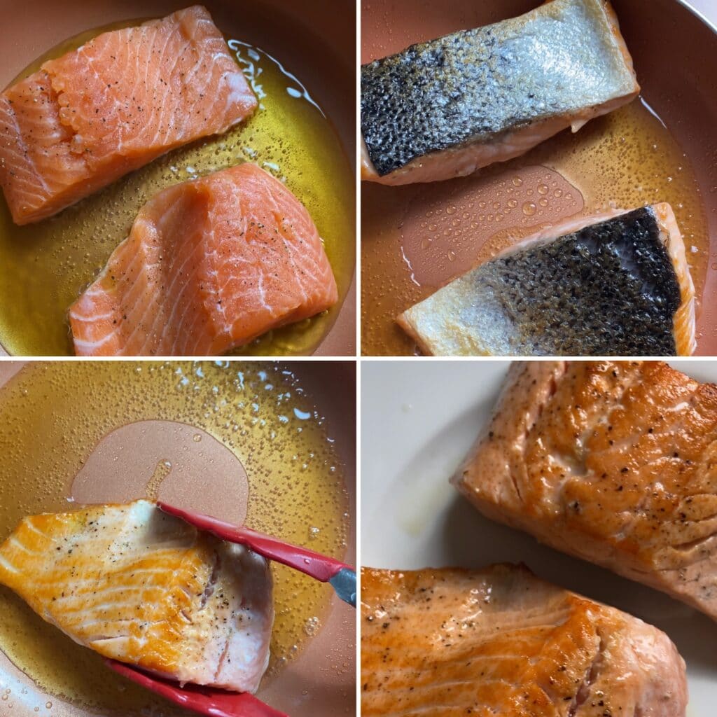 Instructions of cooking salmon in a pan with oil.