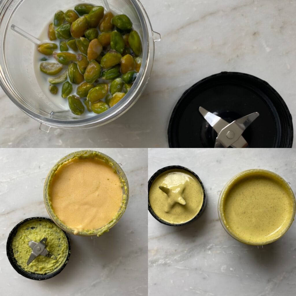 Collage of blending a pistachio mixture.