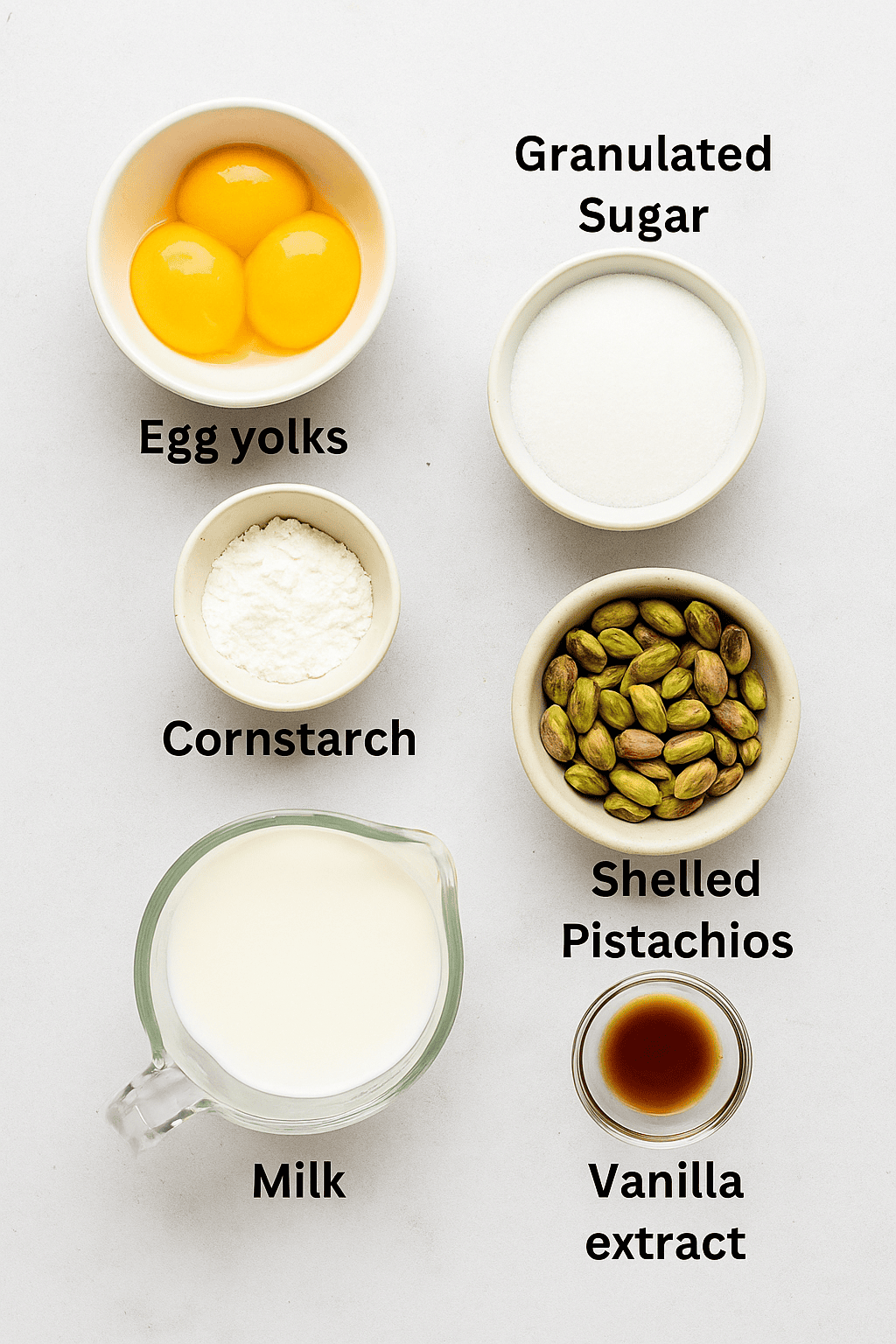 Ingredients for pistachio pastry cream recipe.