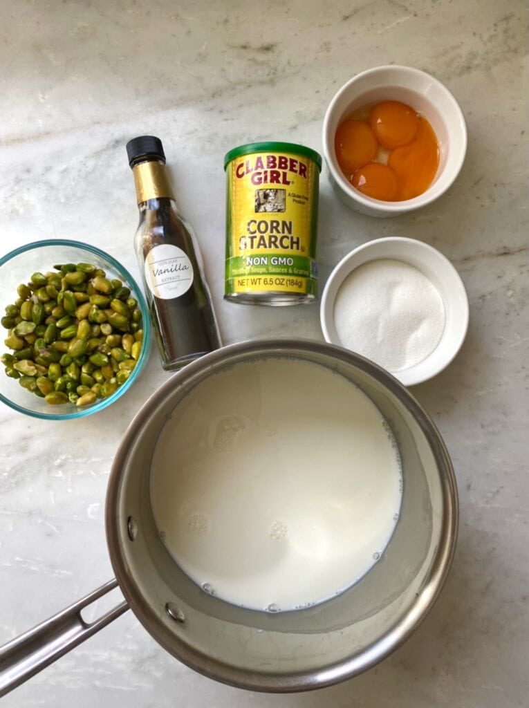 Italian pistachio cream ingredients including corn starch, egg yolks, and whole milk.