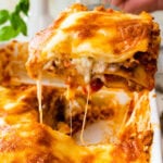 slice taken out of the lasagna with a spatula.