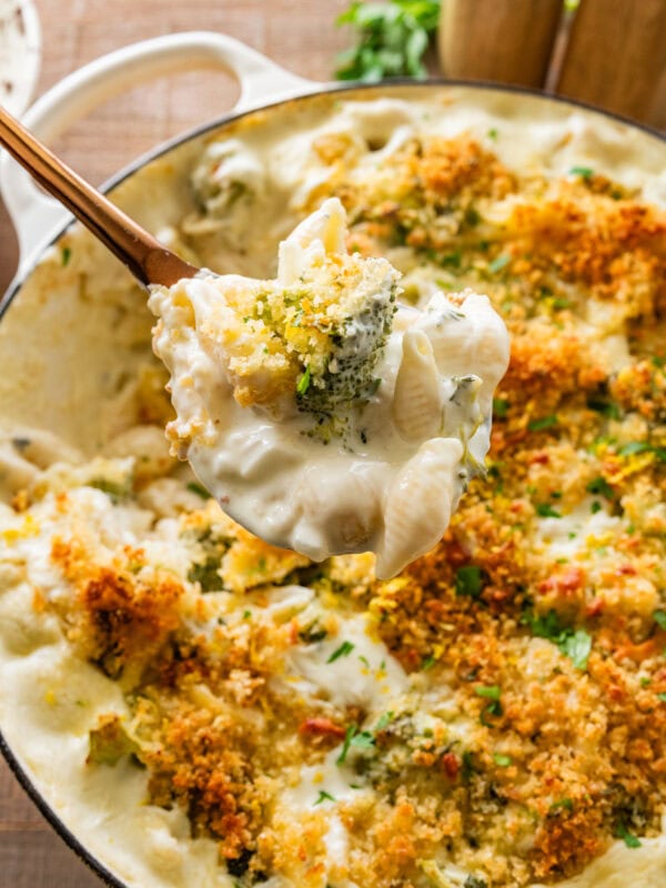 cheese and broccoli pasta bake in a pot, with a fork holding some.