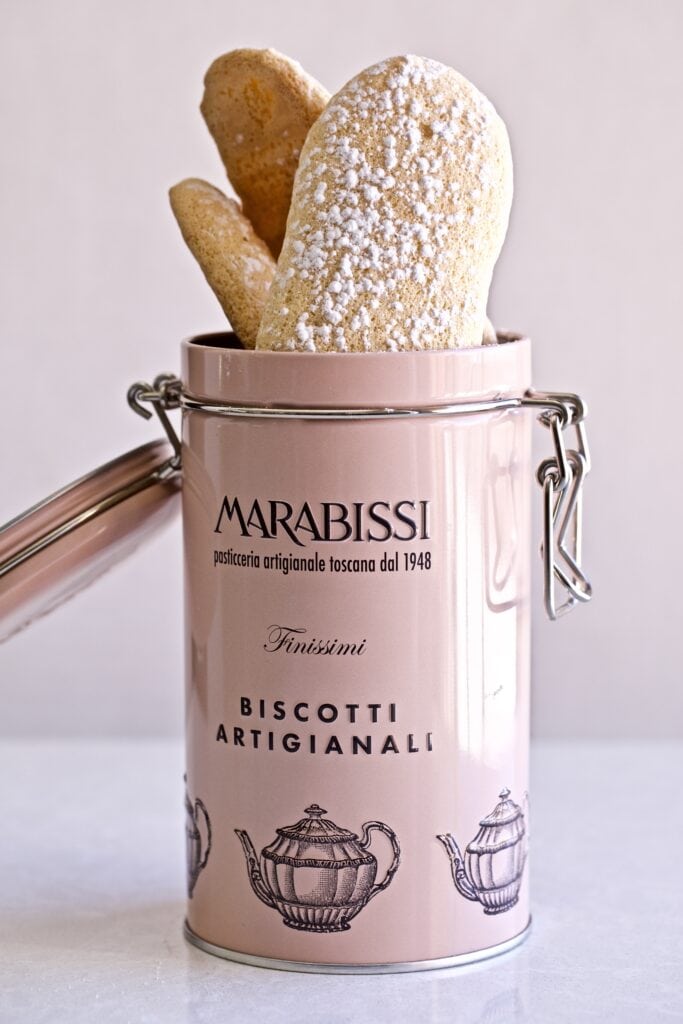 Italian Ladyfinger (Savoiardi) in a pink tin cookie canister 