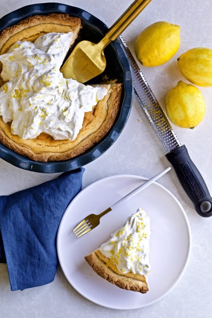 Italian ricotta pie in a dish and on a plate.