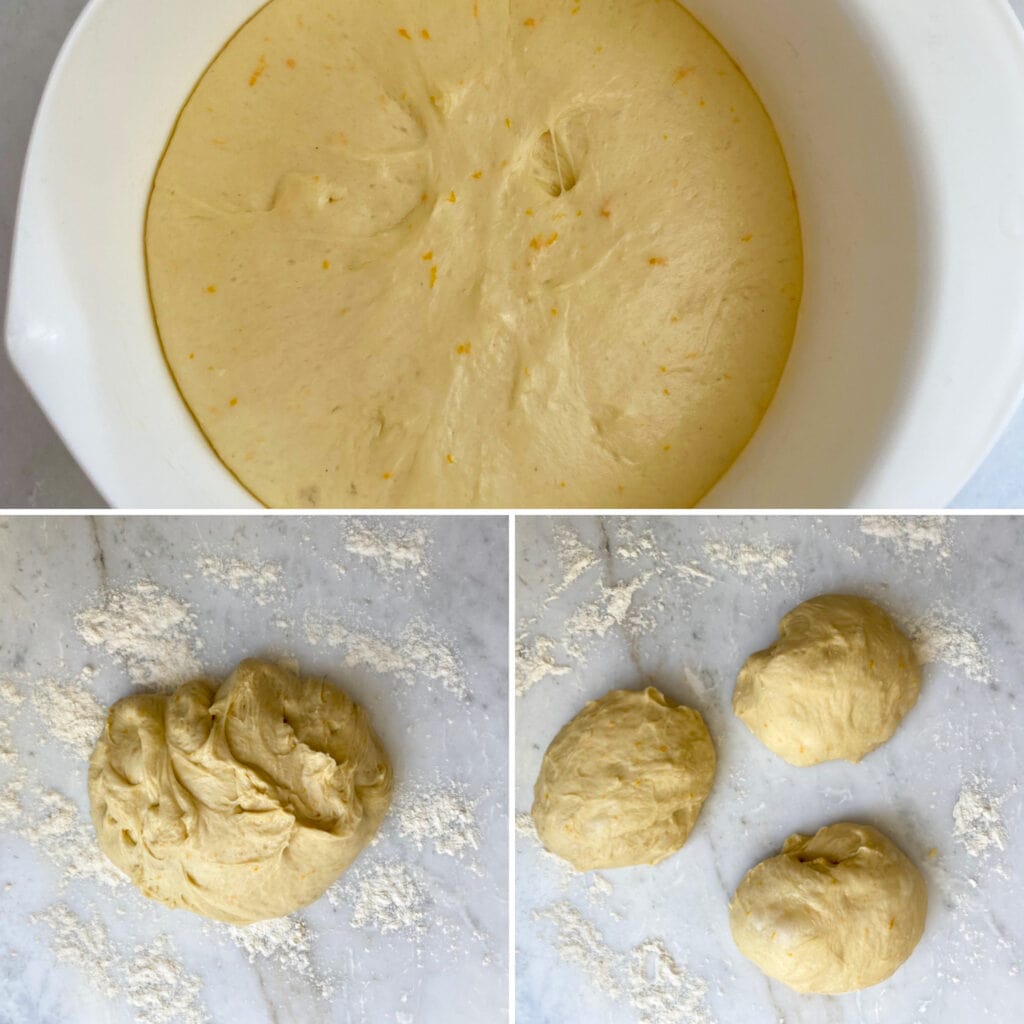 Divided Easter bread dough into three portions.