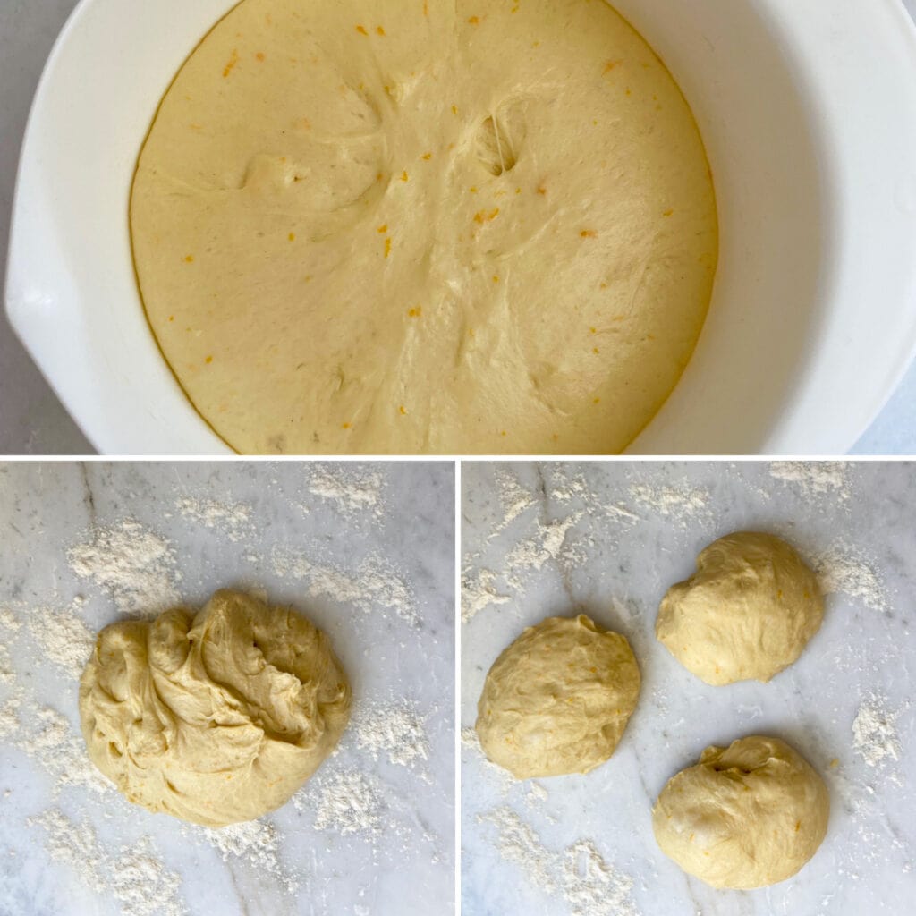 dividing the dough and starting the braid process for the Easter bread.