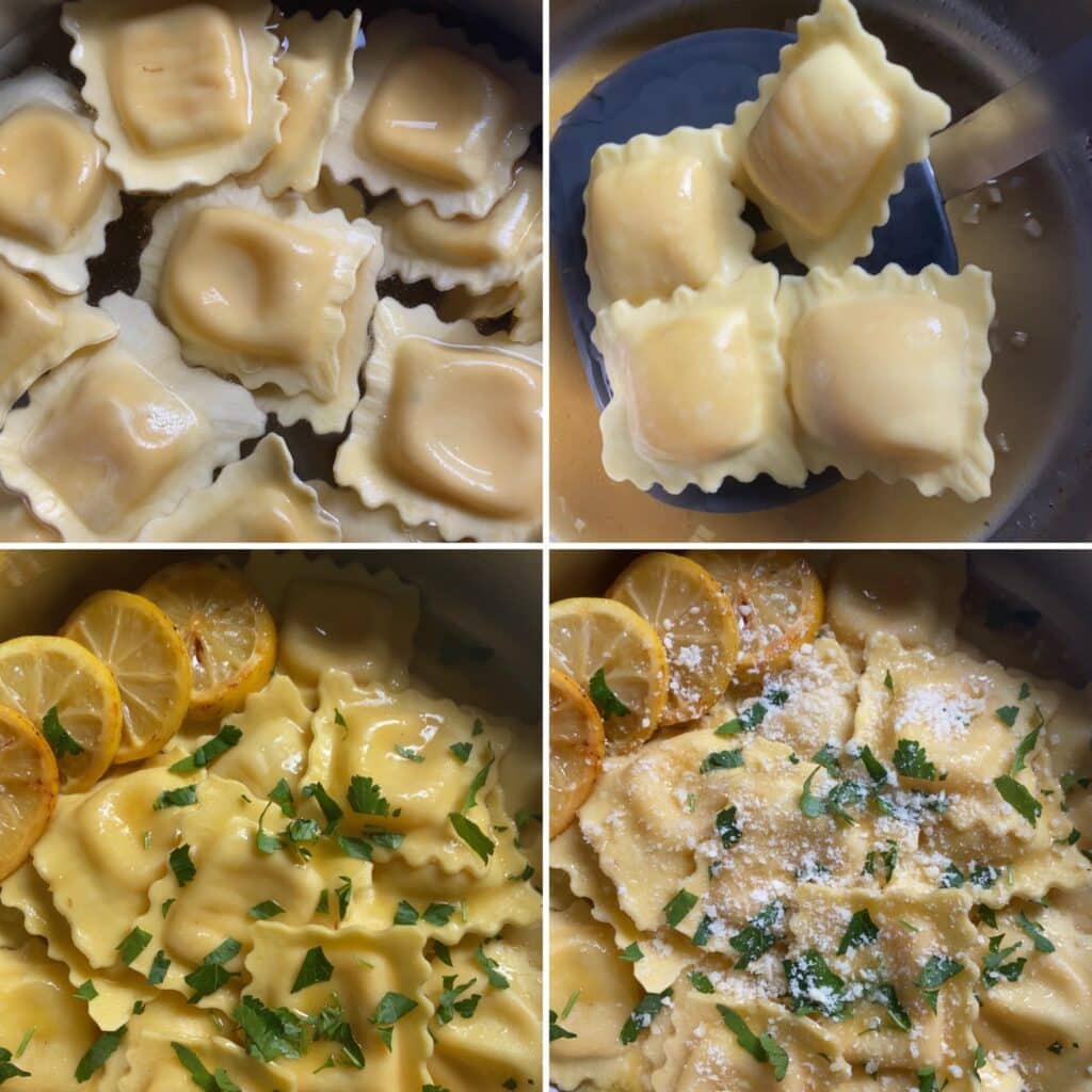 Lobster ravioli in a pan.