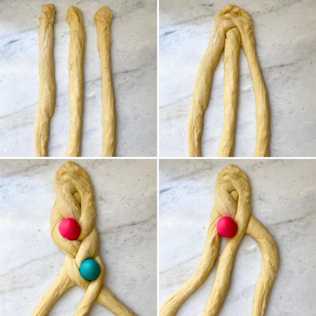 Instructions for braiding Easter bread dough with colorful eggs.