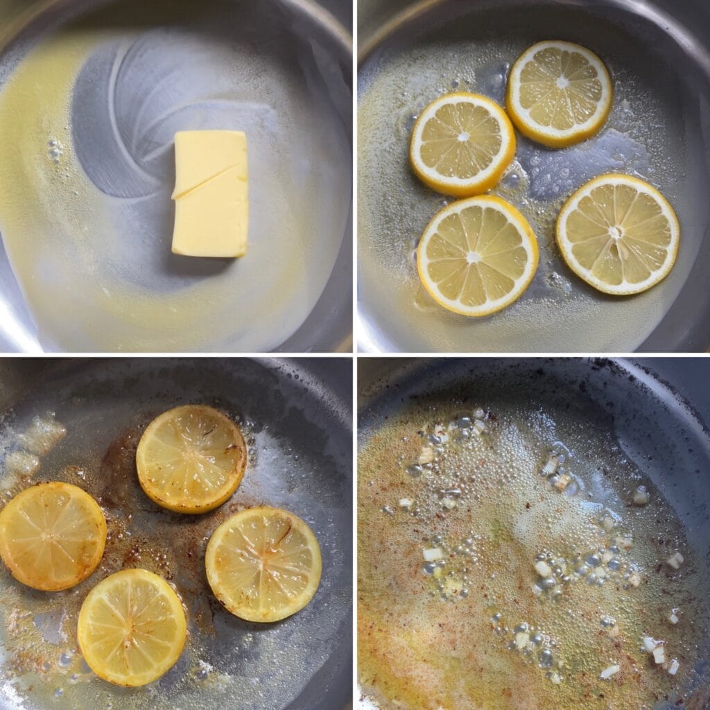 Cooking ingredients for lobster ravioli in a pan.