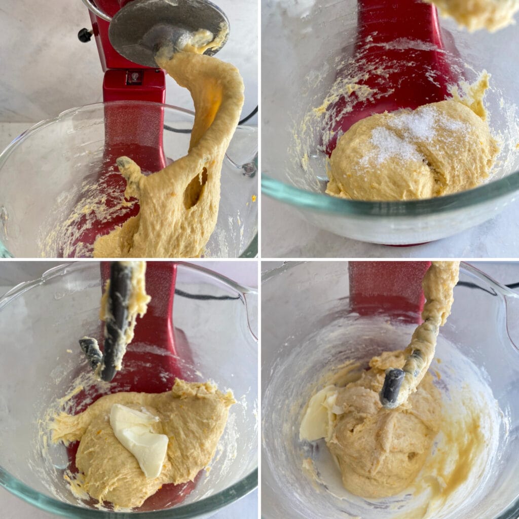 Adding the salt and butter and mixing in the dough. Stand mixer with dough hook.