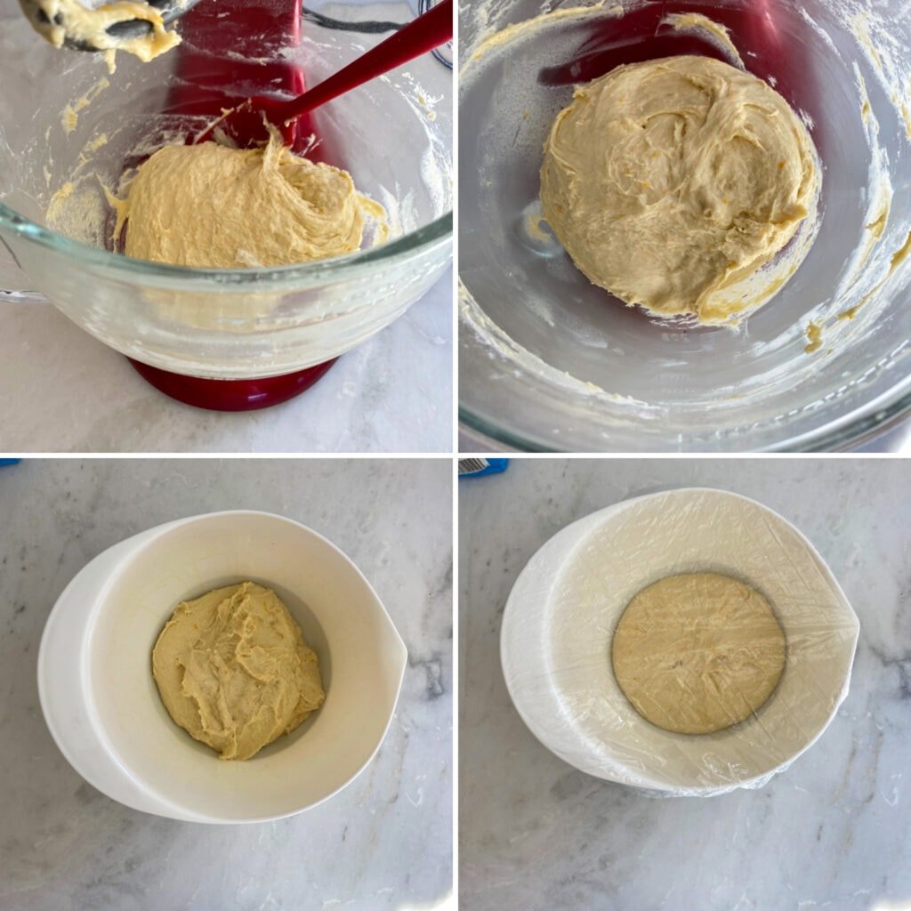 Step by Step Easter bread steps. Sticky soft dough transferred to a greased bowl and ready to rise