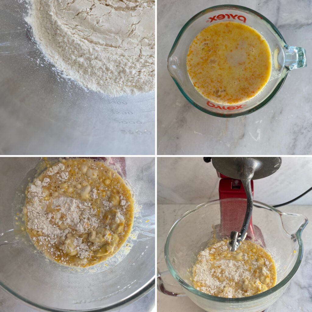 Add flour and mixing wet ingredients with dry. Mixing in stand mixer with dough hook.