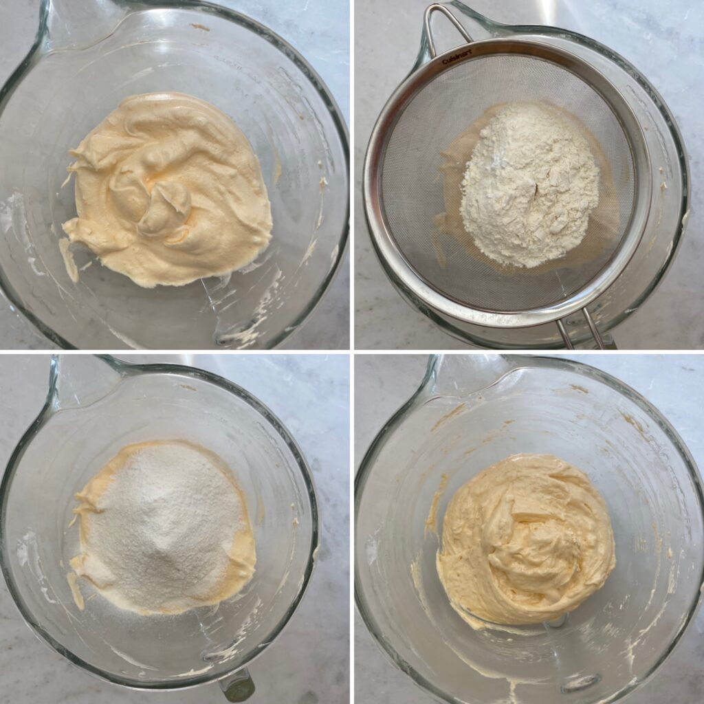 Instructions on adding dry ingredients and yolk/sugar mixture.