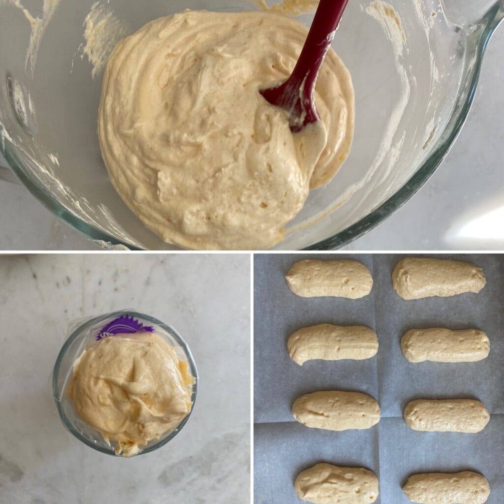 Instructions on piping ladyfinger dough on a baking sheet.