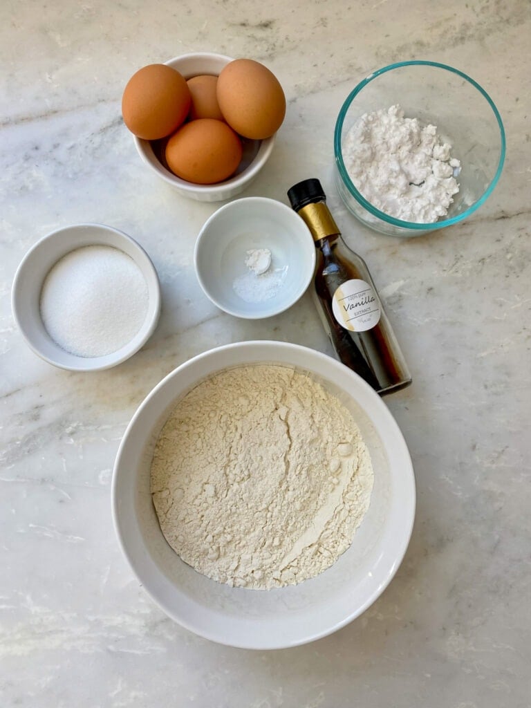 Ingredients for lady fingers: flour, sugar, vanilla extract, cornstarch, eggs, salt.