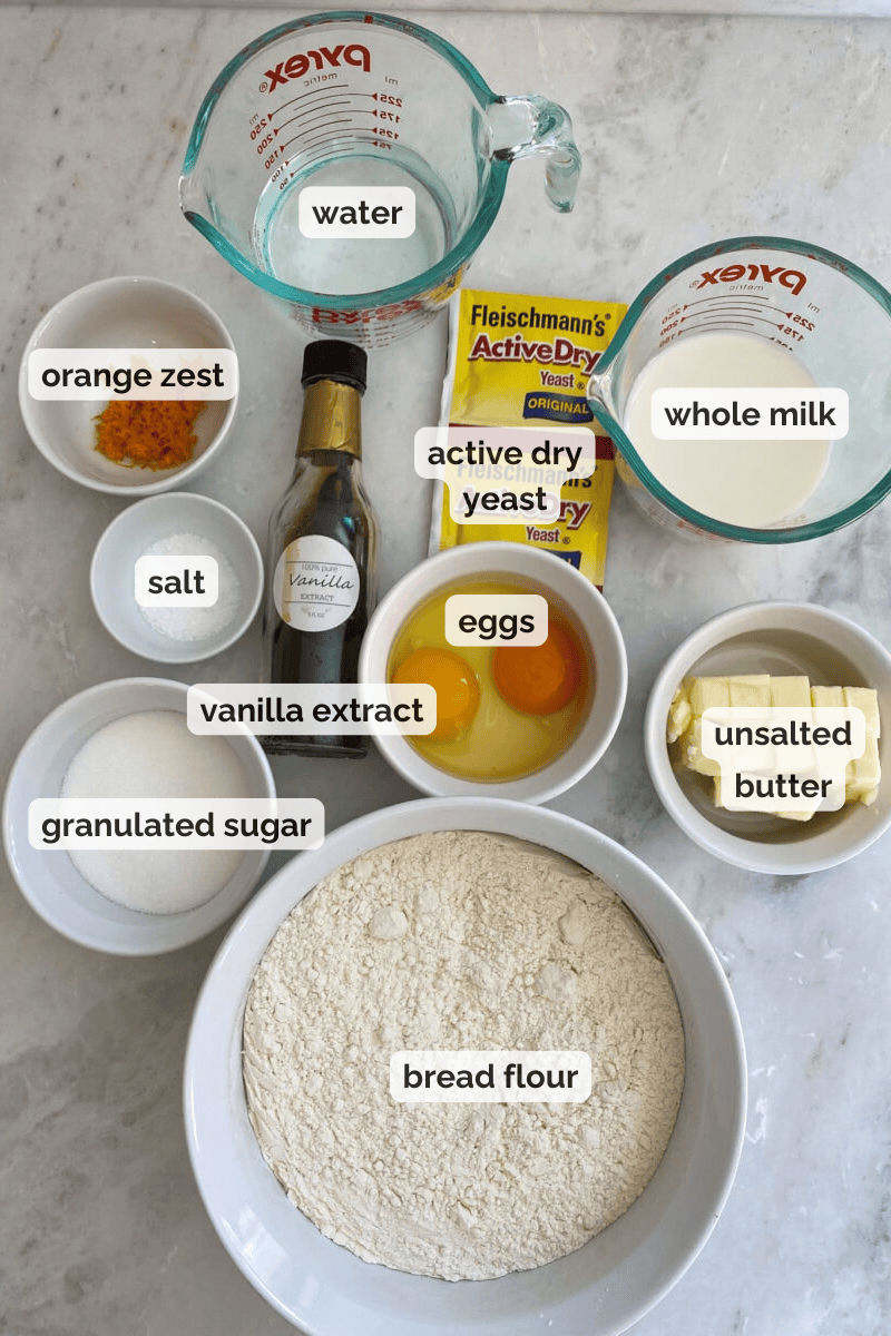 Recipe ingredients for Italian Easter bread recipe.