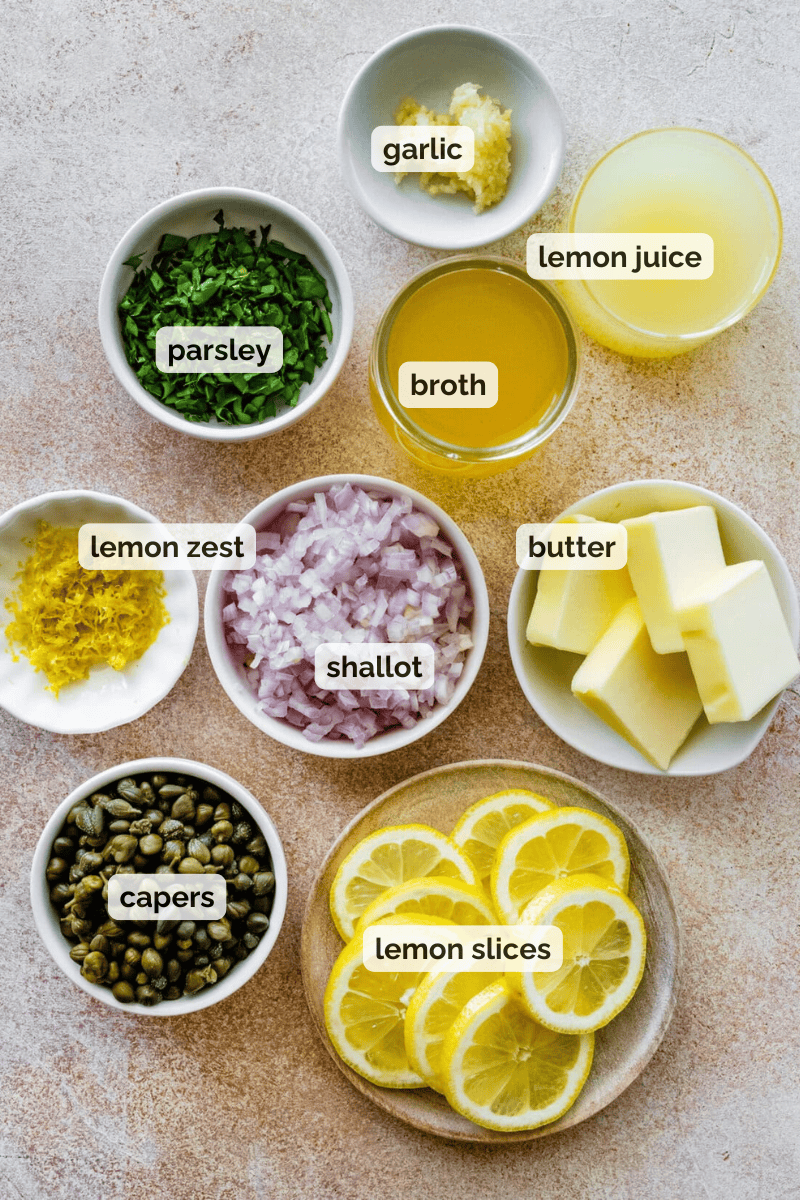Recipe ingredients for salmon piccata recipe.