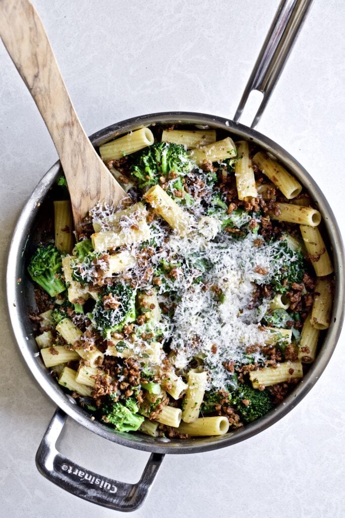 Broccoli Pasta with Sausage Recipe (Italian)0 in a pan ready to serve