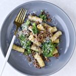 Broccoli Pasta with Sausage Recipe (Italian)- on a plate with a fork.