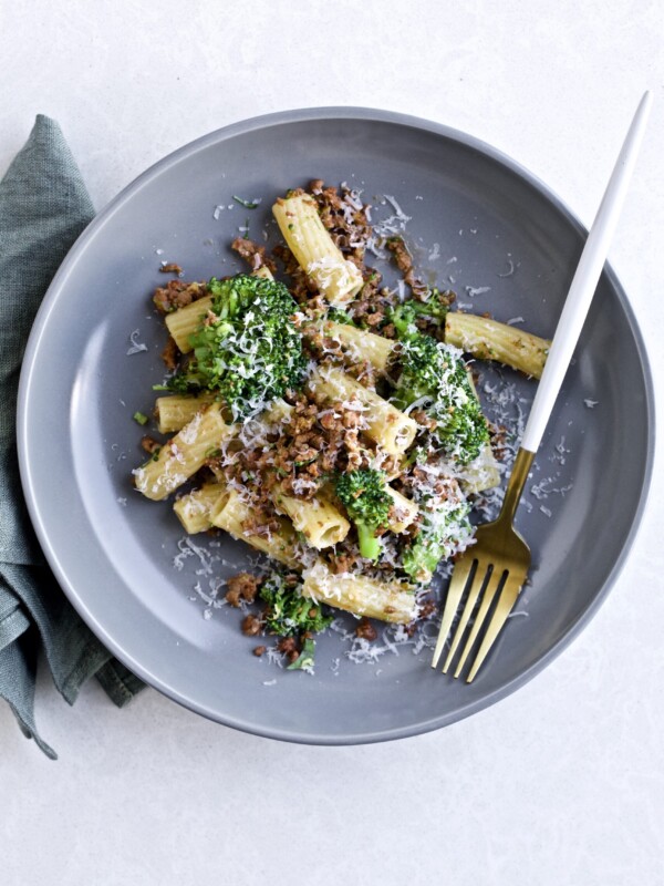Broccoli Pasta with Sausage Recipe (Italian)- on a plate with a fork.