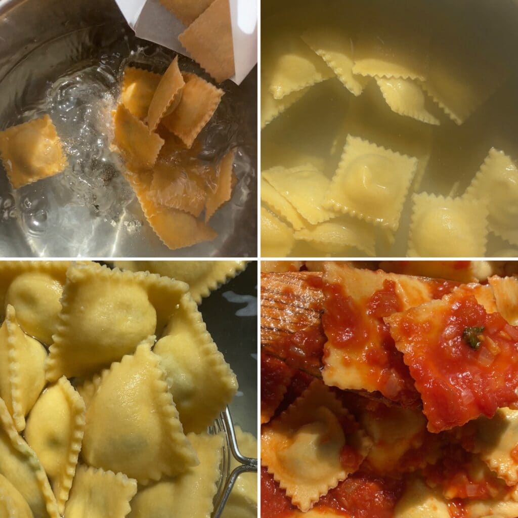 steps for boiling ravioli in big pot salted water and adding to sauce when done.