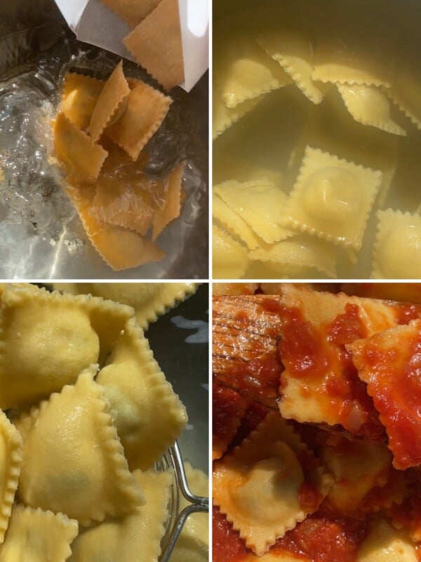 steps for boiling ravioli in big pot salted water and adding to sauce when done.
