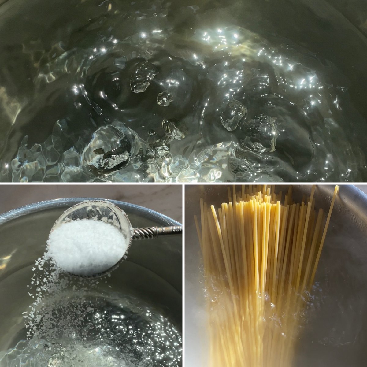 How to boil spaghetti perfectly every time- boiling water, adding salt, and adding long spaghetti.
