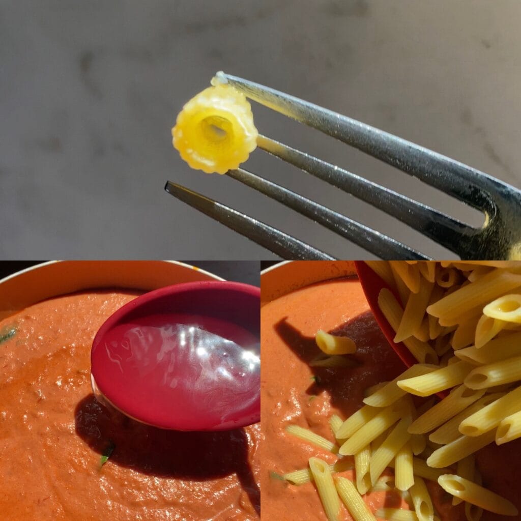 Italian Pink Sauce Pasta Recipe (Tomato Cream)- taste testing pasta and mixing with pink sauce