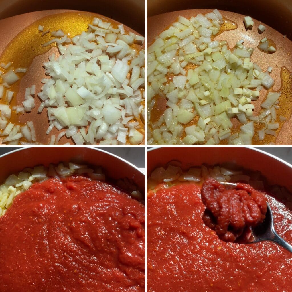 Italian Pink Sauce Pasta Recipe (Tomato Cream)- process of sautéing the onions and garlic, adding tomato puree and tomato paste