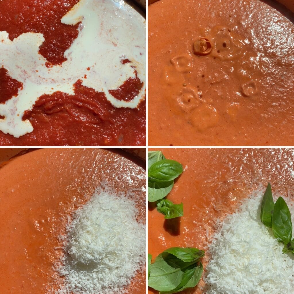 Italian Pink Sauce Pasta Recipe (Tomato Cream)- process: adding the cream, letting it simmer, adding the parmigiano and basil leaves