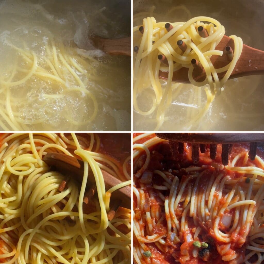 Spaghetti boiling and adding sauce.
