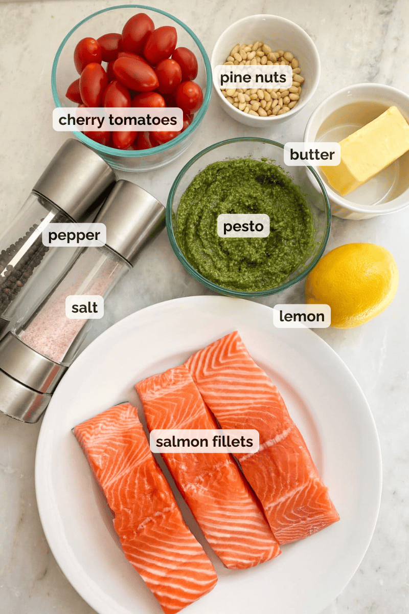 Recipe ingredients for baked salmon with pesto recipe.