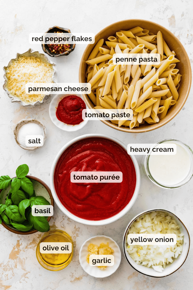 Recipe ingredients for pasta with pink sauce recipe.
