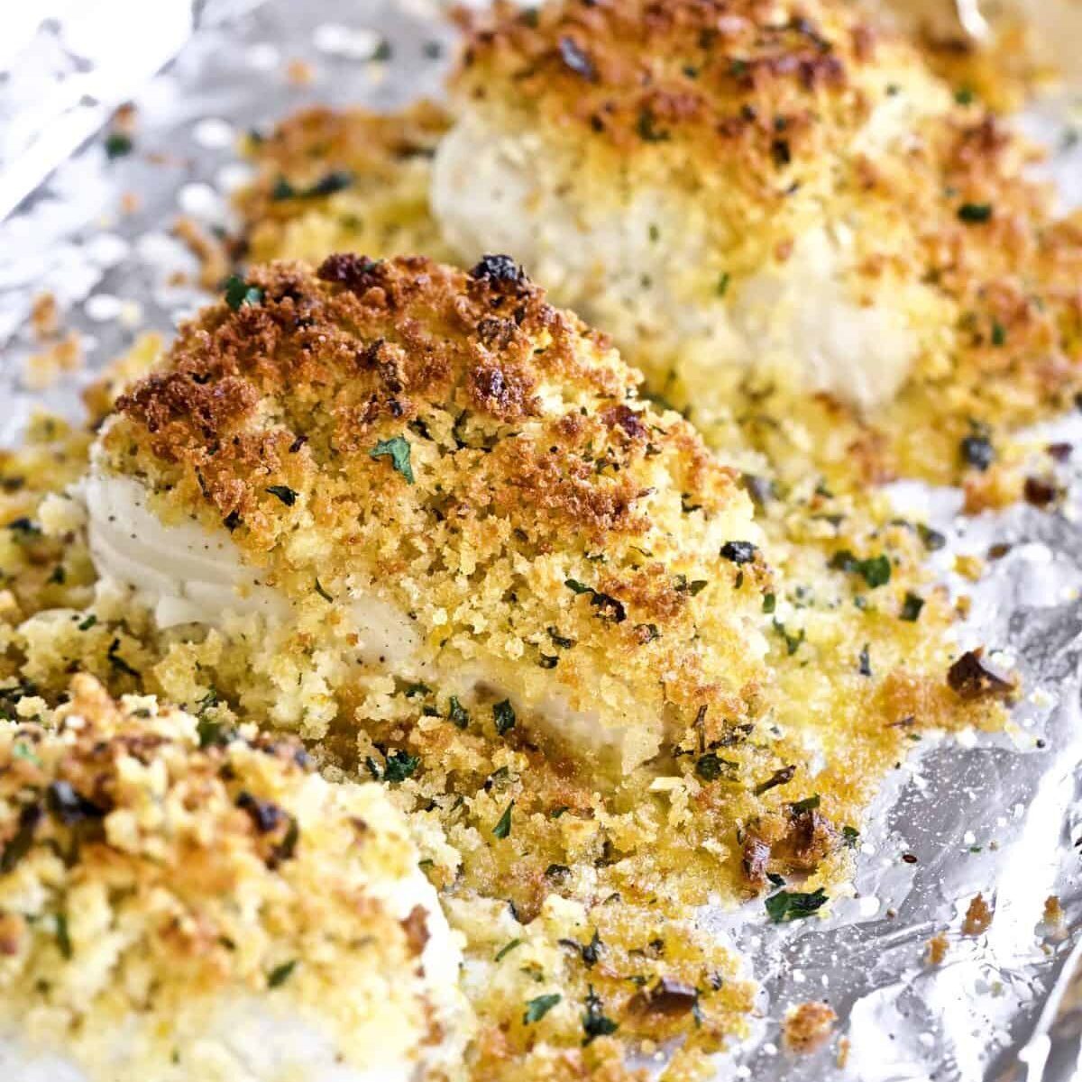 Crispy Baked Cod with Panko Recipe on a sheet pan lined with foil