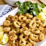Plate of air fried calamari with lemon wedges and lemon slices side of sauce.