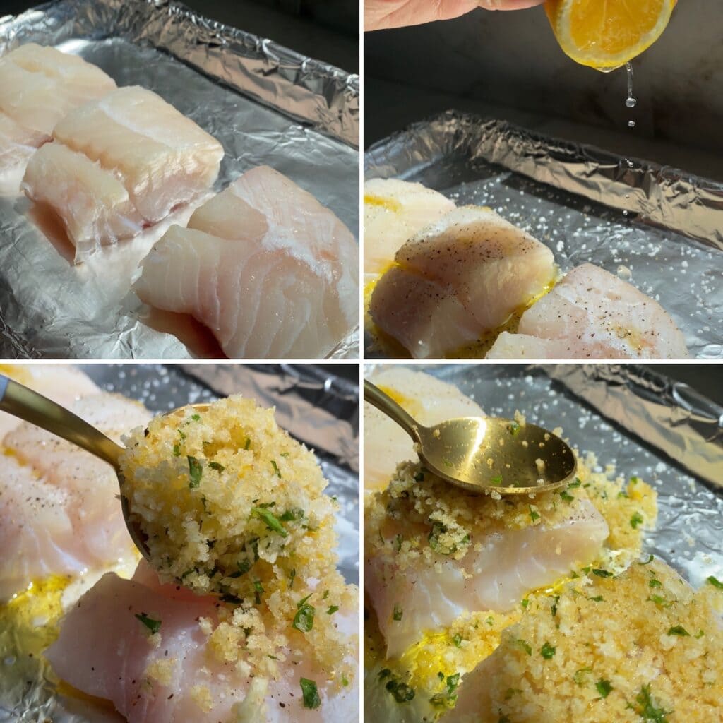 Crispy Baked Cod with Panko Recipe- process of preparing the fish with oil, salt, pepper, and lemon juice