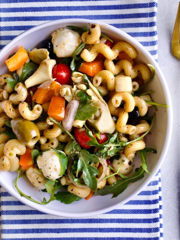 Antipasto Pasta Salad Recipe (with Italian Dressing) in a bowl with a fork