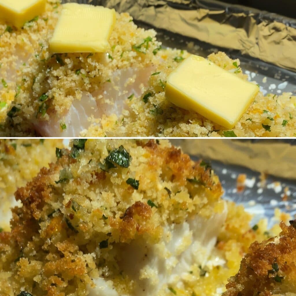 Crispy Baked Cod with Panko Recipe- adding butter on top and baking