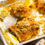 baked cod with panko after baking on the baking sheet. Lemons on the tray.