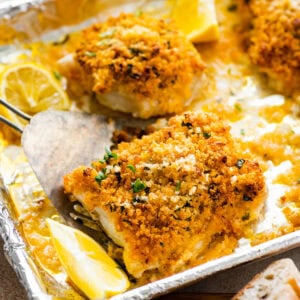 baked cod with panko after baking on the baking sheet. Lemons on the tray.
