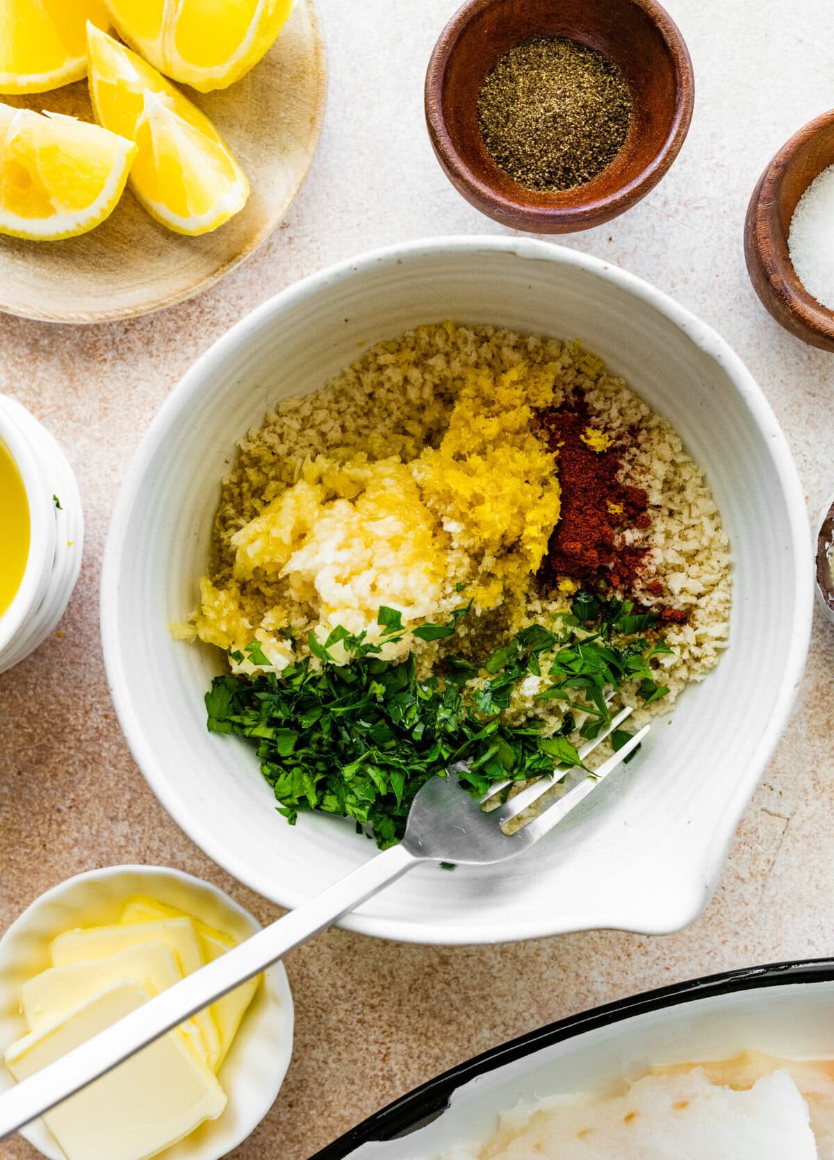 place all the panko topping ingredients in a bowl and mix.