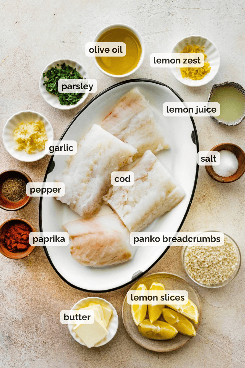 Recipe ingredients for baked cod with panko recipe.