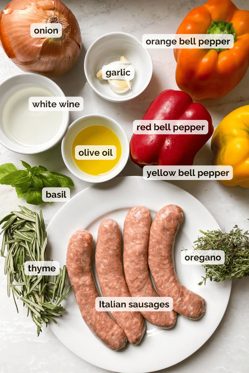 Recipe ingredients for Italian sausage and peppers recipe.