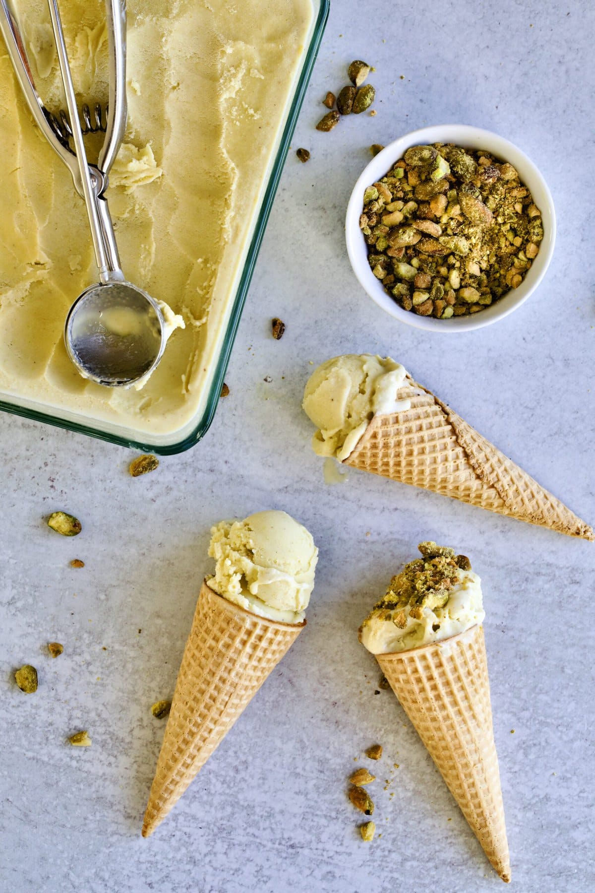 pistachio ice cream in ice cream cones