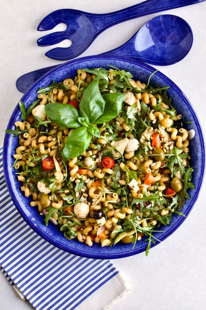 Antipasto Pasta Salad Recipe (with Italian Dressing) in a blue serving bowl 