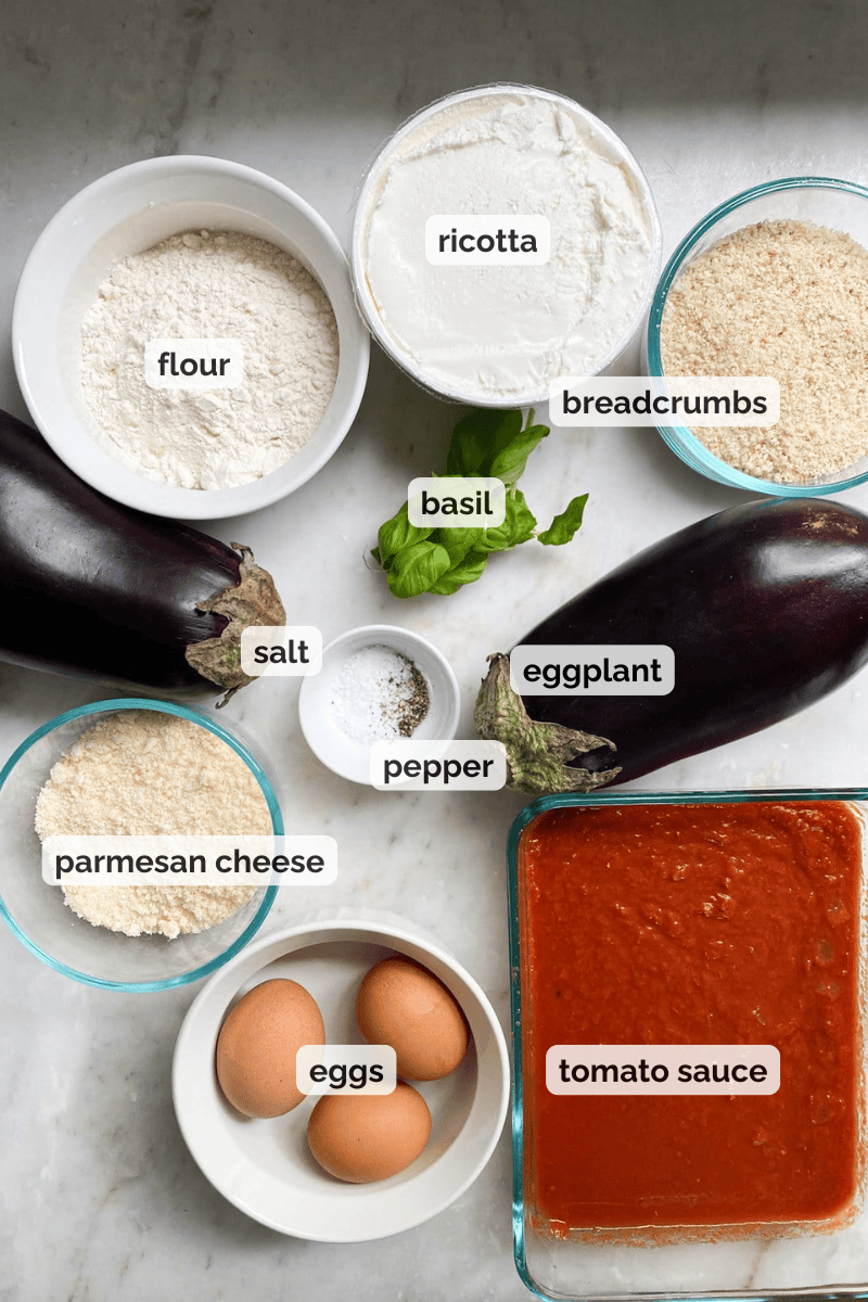 Recipe ingredients for baked eggplant stacks with ricotta and parmesan recipe.