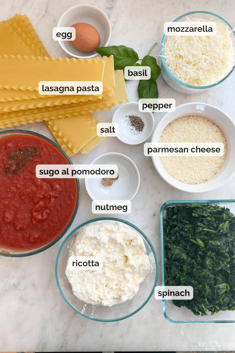 Recipe ingredients for spinach lasagna with ricotta recipe.