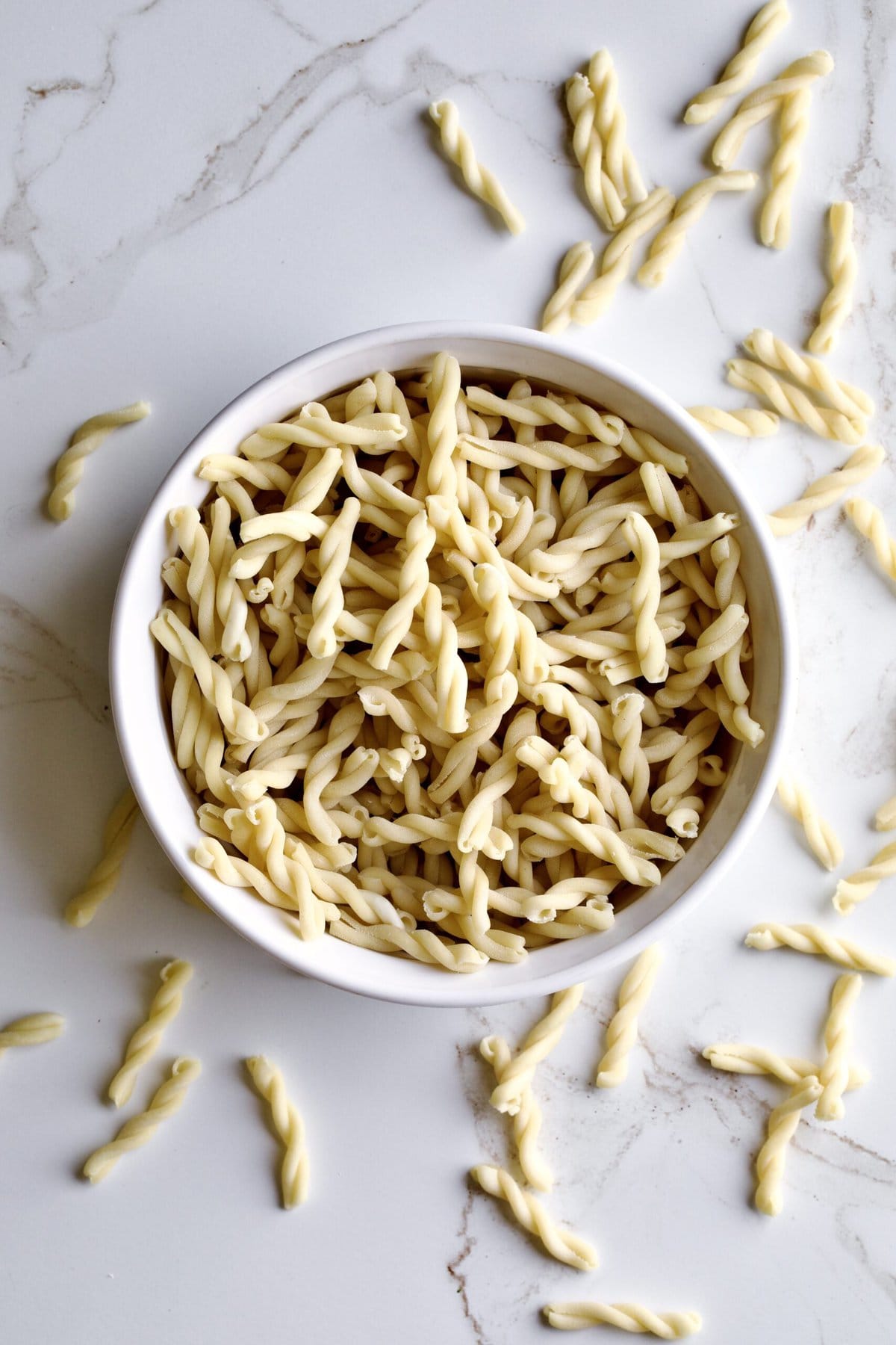 uncooked gemelli pasta shape