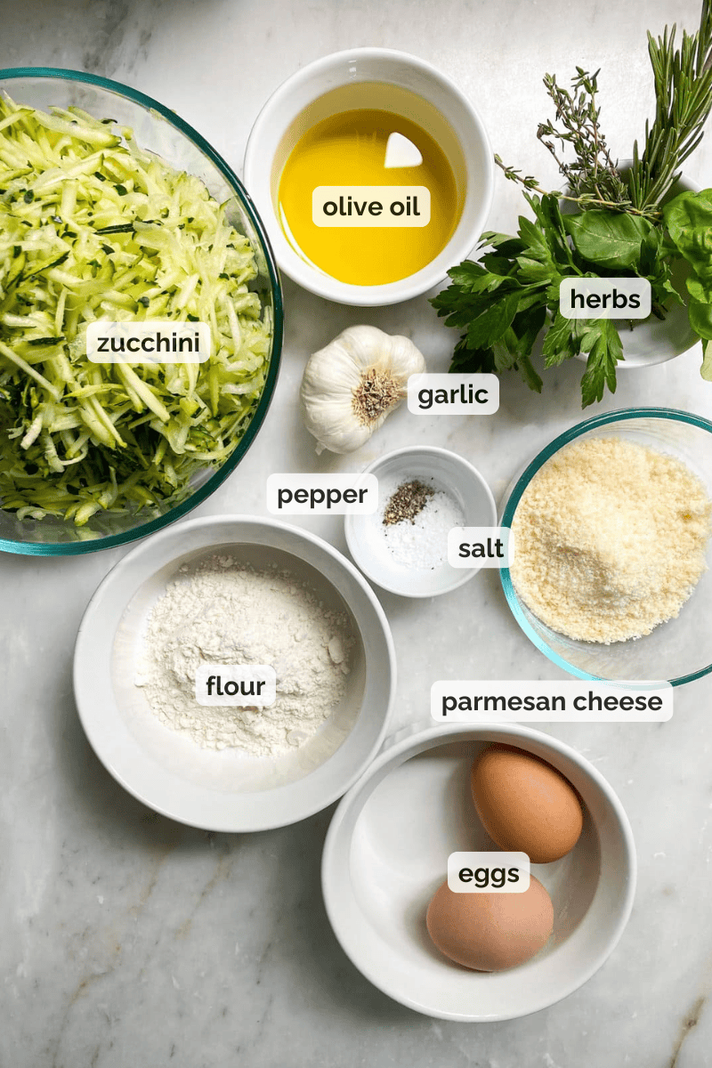 Recipe ingredients for zucchini fritters recipe.